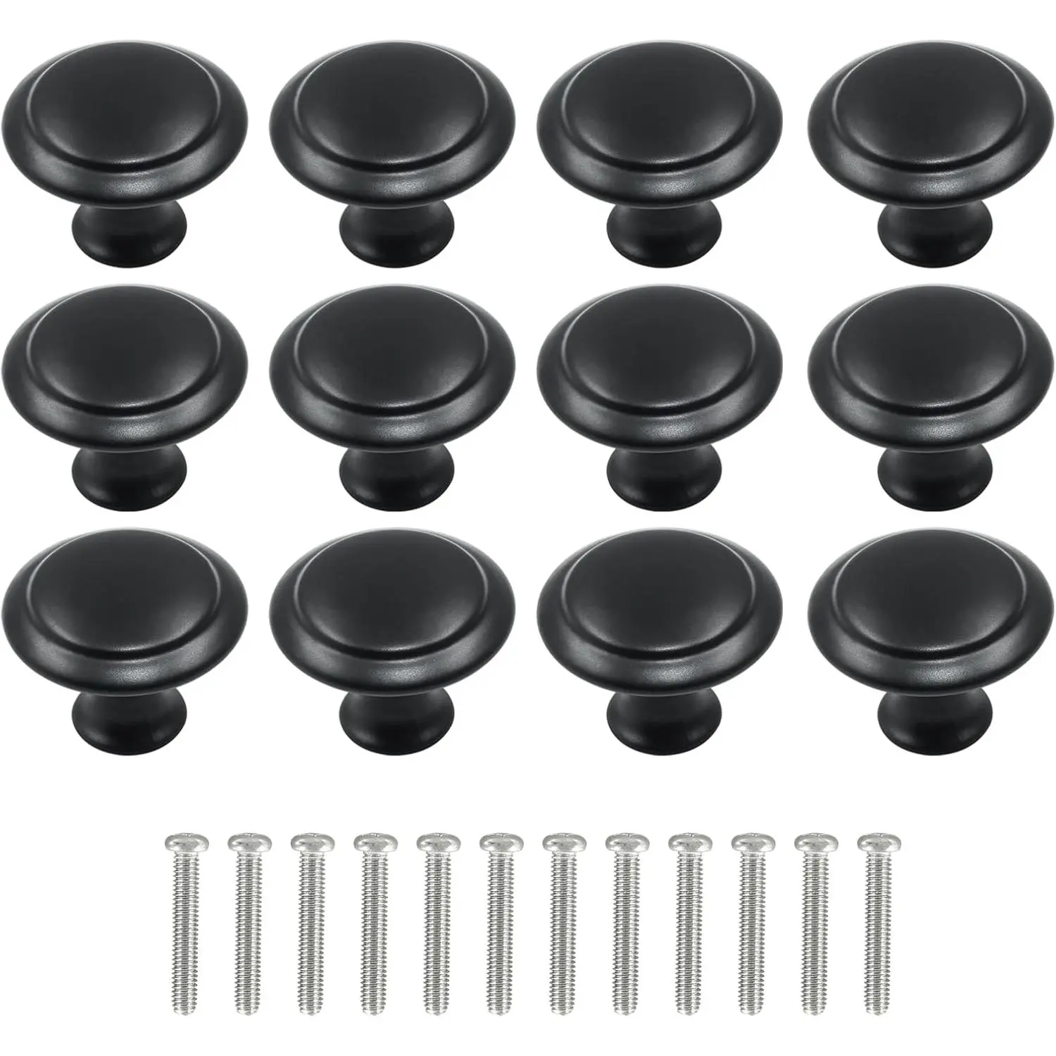 12 count 1" Black Round Cabinet Knobs | With Mounting Screws, for Drawers and Dressers