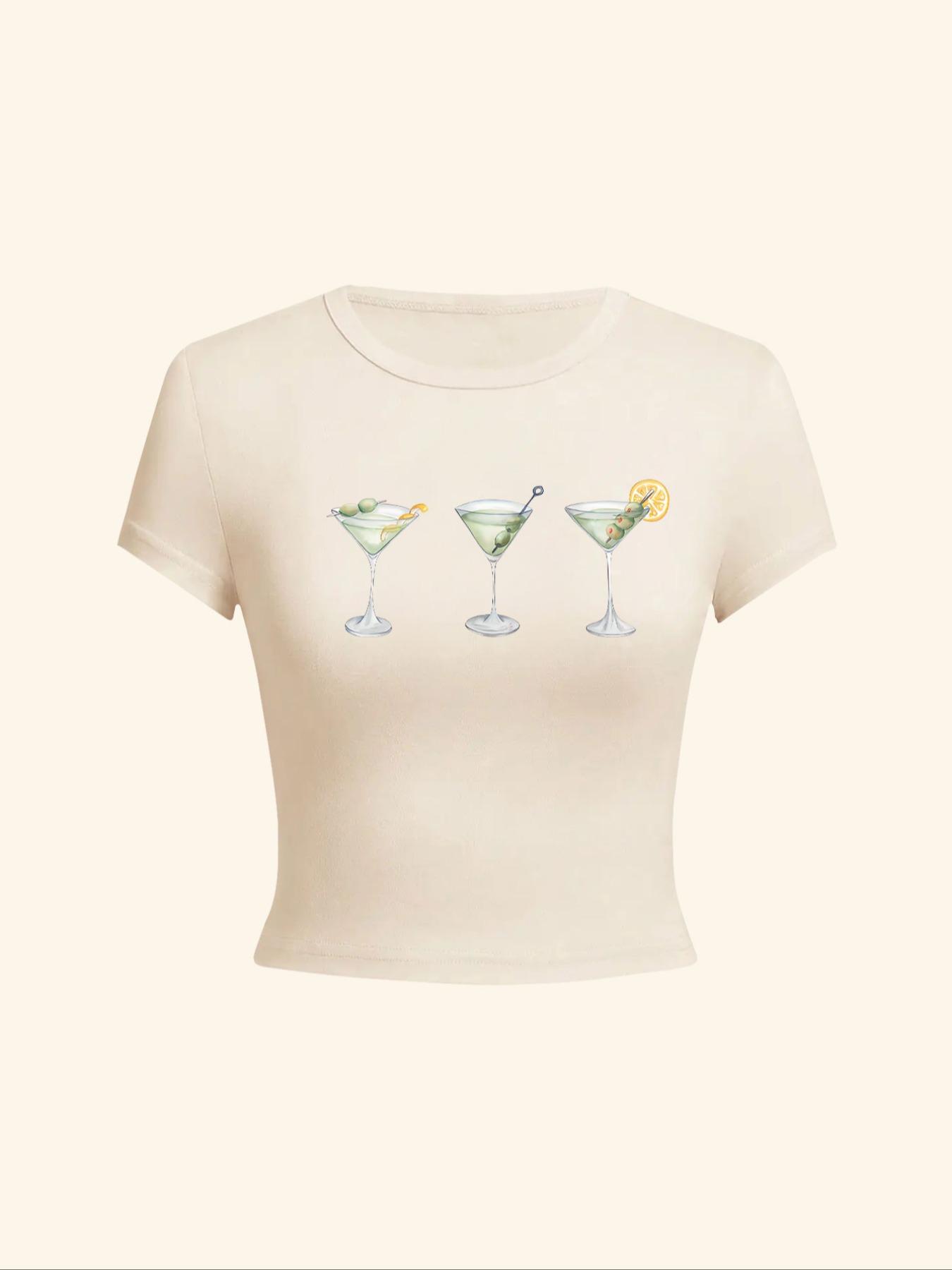 Women's Beverage Print Round Neck Crop Tee, Casual Short Sleeve Crew Neck T-shirt for Daily Wear, Casual Everyday Wear, Summer Tops, Ladies Back To School Clothes for All Seasons