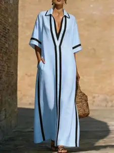 Women's New Kaftan Long Dress, Short Sleeve Notched Deep V Neck Loose Fit, Colorblock with Pockets, Summer Casual Beach Vacation Dress, Boho Summer Holiday