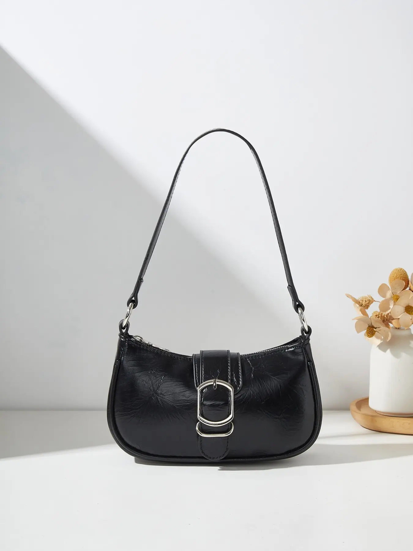 Women's Vintage Oil Wax Leather Crossbody Hobo Bag with Silver Buckle Accent Shoulder Purse