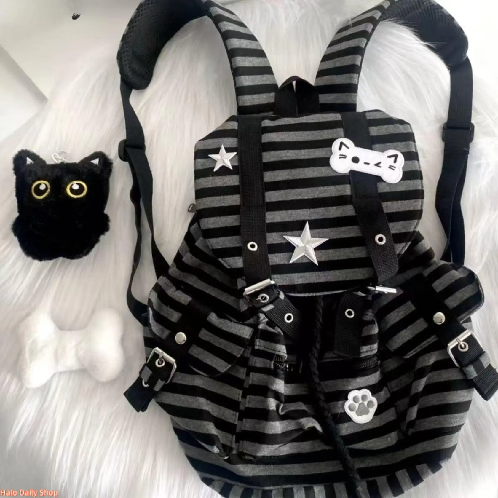 LuneLingerie Unisex Punk-Style Polyester/Nylon Multi-Pocket Water-Resistant Durable Large-Capacity Backpack with Cat Paw Print, Bone, Star, Colorblock, Striped Designs - Backpacks for School, Leisure