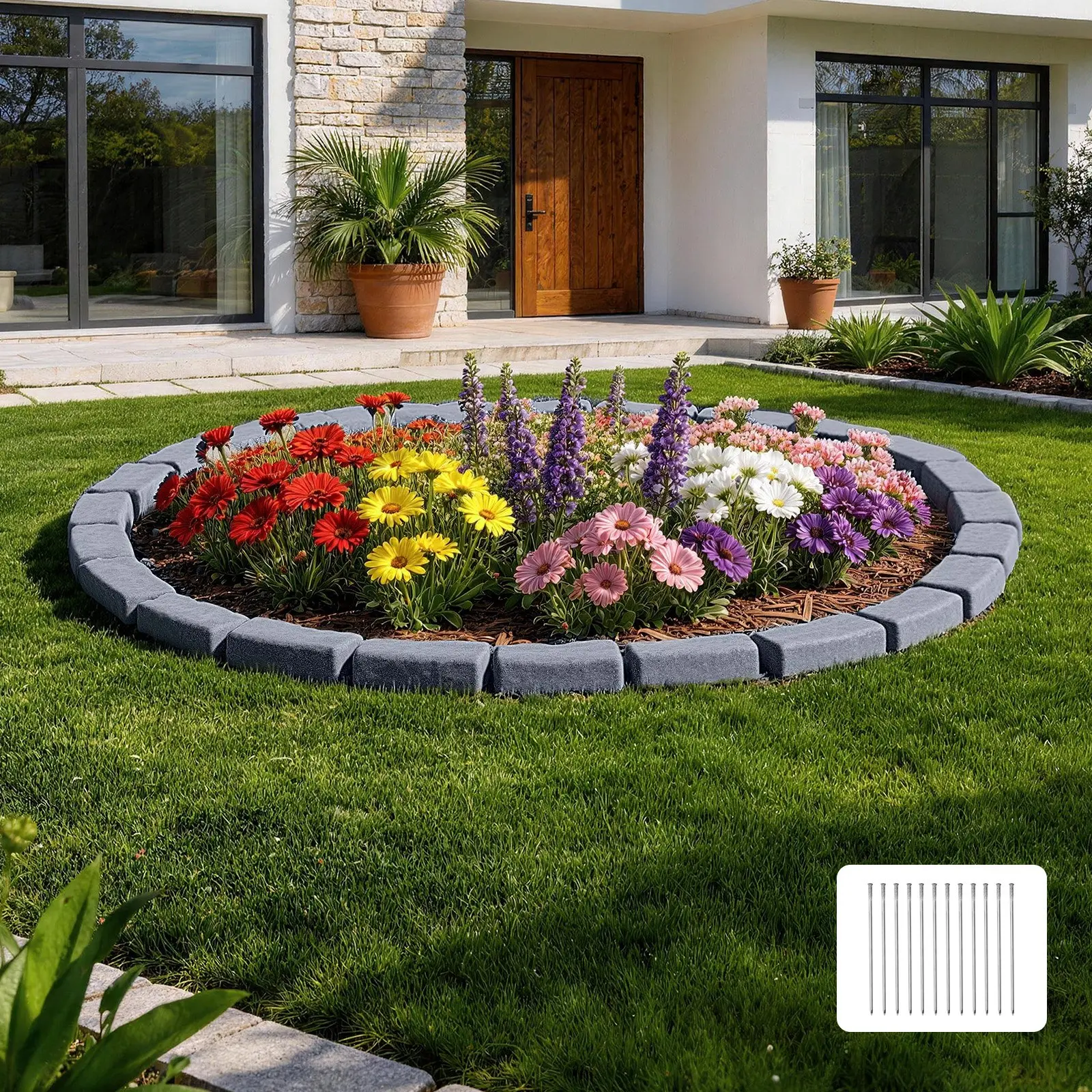 VEVOR Faux Stone Landscape Edging, 15.5 ft Kit, No Dig Garden Edging Border, Blocks for Lawn, Flower Beds, Yards, 4 Pack Each Section Has 6 Bricks 46.46"L x 3.74"W x 2.24"H, 12 Spikes & End Cap, Gray