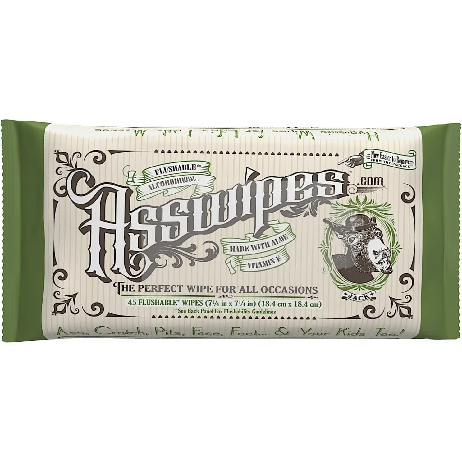 Asswipes Extra-Large Unscented Durable Synthetic Fiber Personal Cleansing Flushable Wipes for Adults with Aloe & Vitamin E, -Free (1 Pack, 45 Wipes)