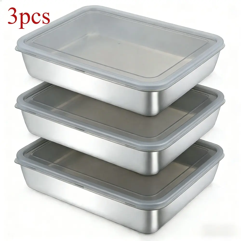 3 Pack Stainless Steel Food Storage Containers with Black Lids, Leakproof Airtight Reusable 10x8 Inch Bento Lunch Boxes, Perfect for Daily Meal Prep, Portable for Outdoor Use, Sturdy Durable Containers for Kitchen Food Classification and Storage