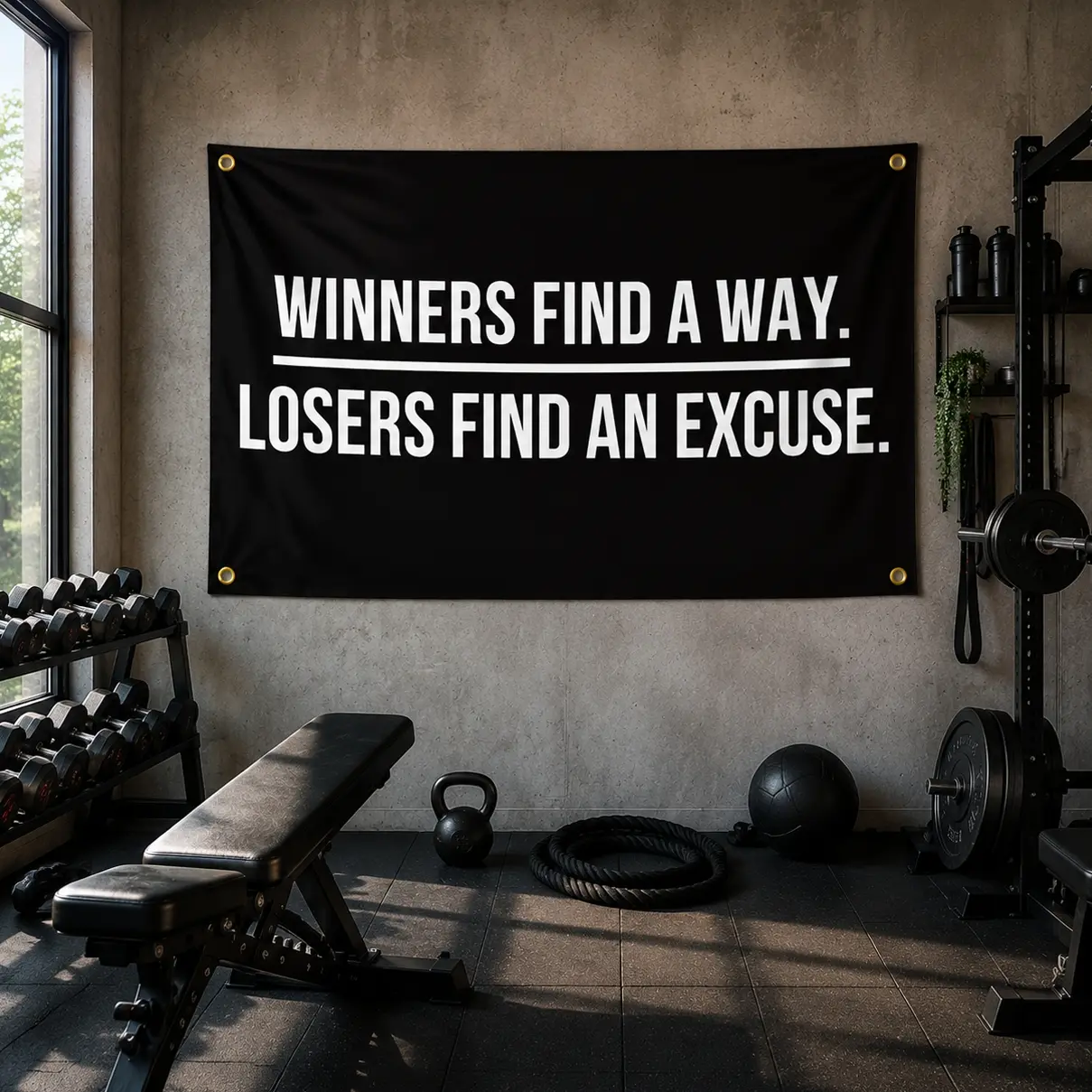 2D Flat Motivational Gym Banner | Winners Find a Way Inspirational Quote Backdrop | Single-Sided Polyester | Metal Grommets for Easy Hanging | Home Gym, Fitness Room & Office Decor
