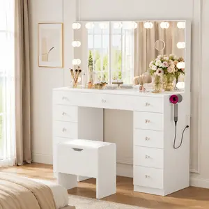 Vanity with 10*Magnifying Mirror, With Glass Top & Power Outlet, 3 Color Light Options, 43" Vanity Table with 11 Drawers&Stool, Bedroom, White