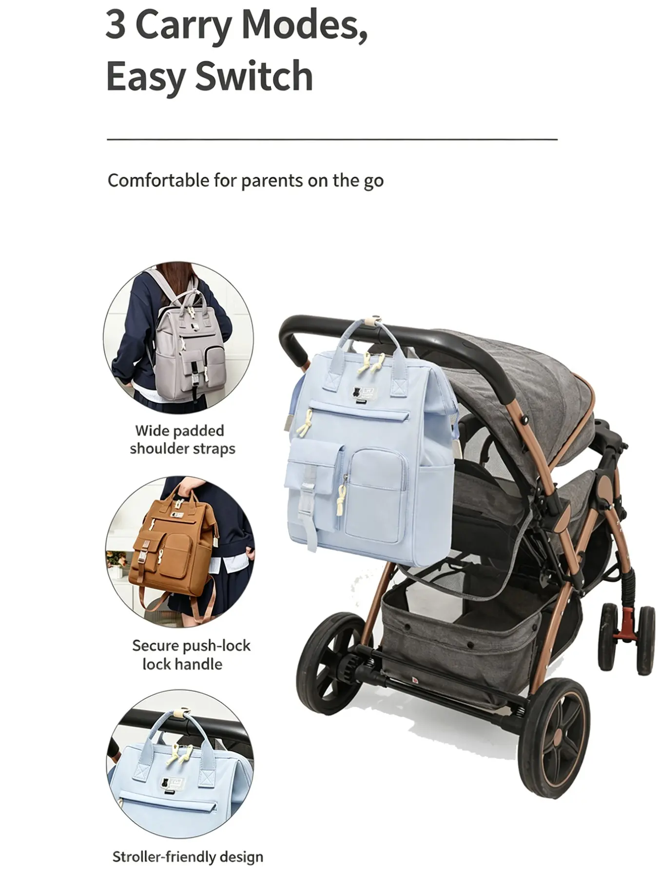 Three-In-One Multifunctional Mom Bag, Waterproof Large Capacity Baby Diaper Bag Backpack, Shoulder & Handbag, Laptop Compatible, Stylish Bear Design