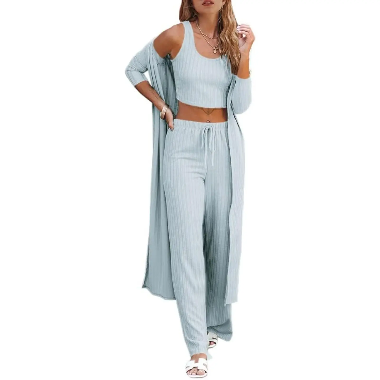 TANKANEO Women's Basic Comfy 3-Piece Ribbed Knit Lounge Set - Nightwear with Cardigan, Crop Top, Wide Leg Pants for Home Outfits, Airport Fit Ideas