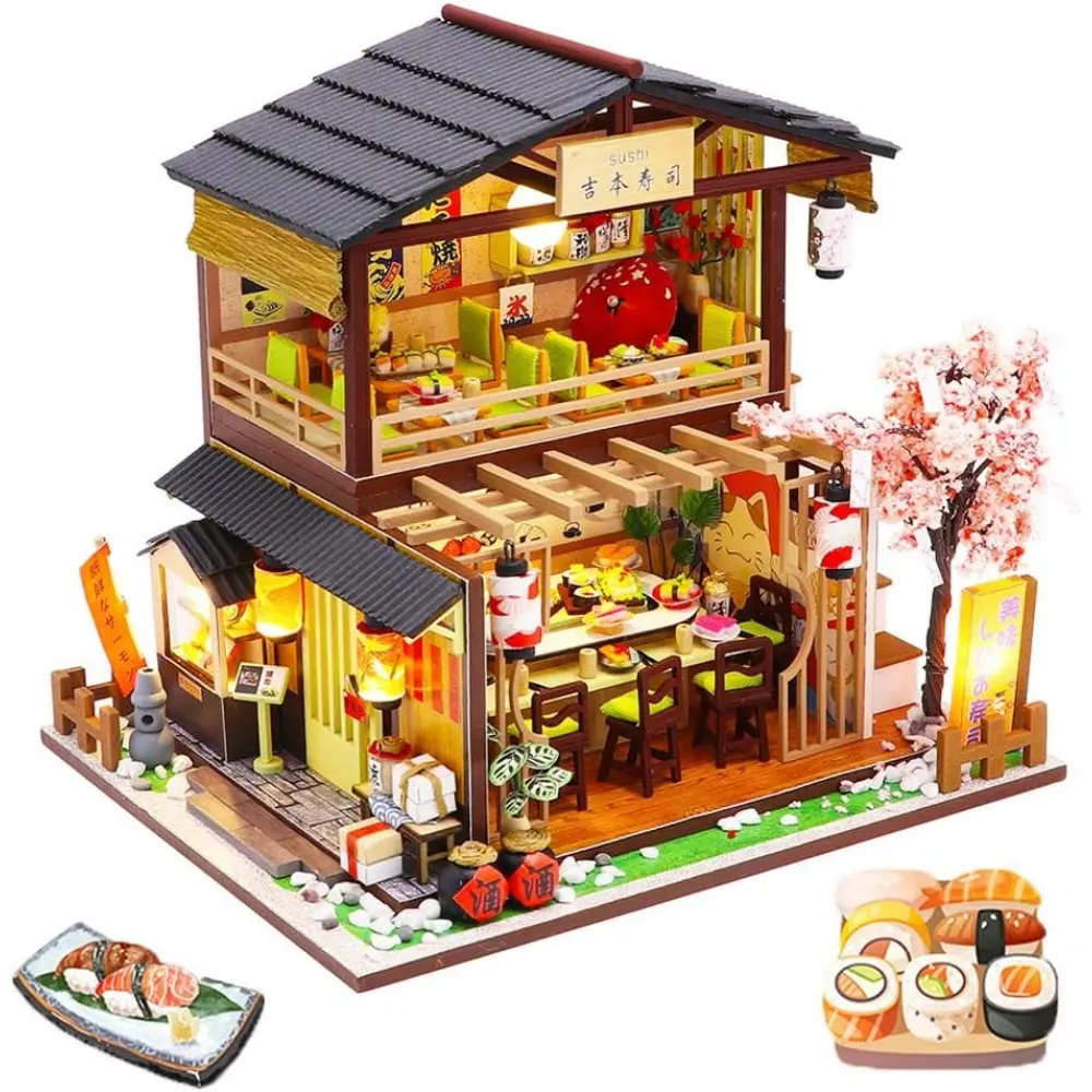 Spilay 1:24 Manual Illuminated Multi-Story Wooden Dollhouse Miniature Kit - 8.66*7.67*6.89 inch, Wooden Board, AA LED Light, Japanese Furniture, Dust Cover, Music Box, DIY Craft Toy for Adults, Father's Day/Anniversary Gift, Valentine's Day, Diy Dollhouse