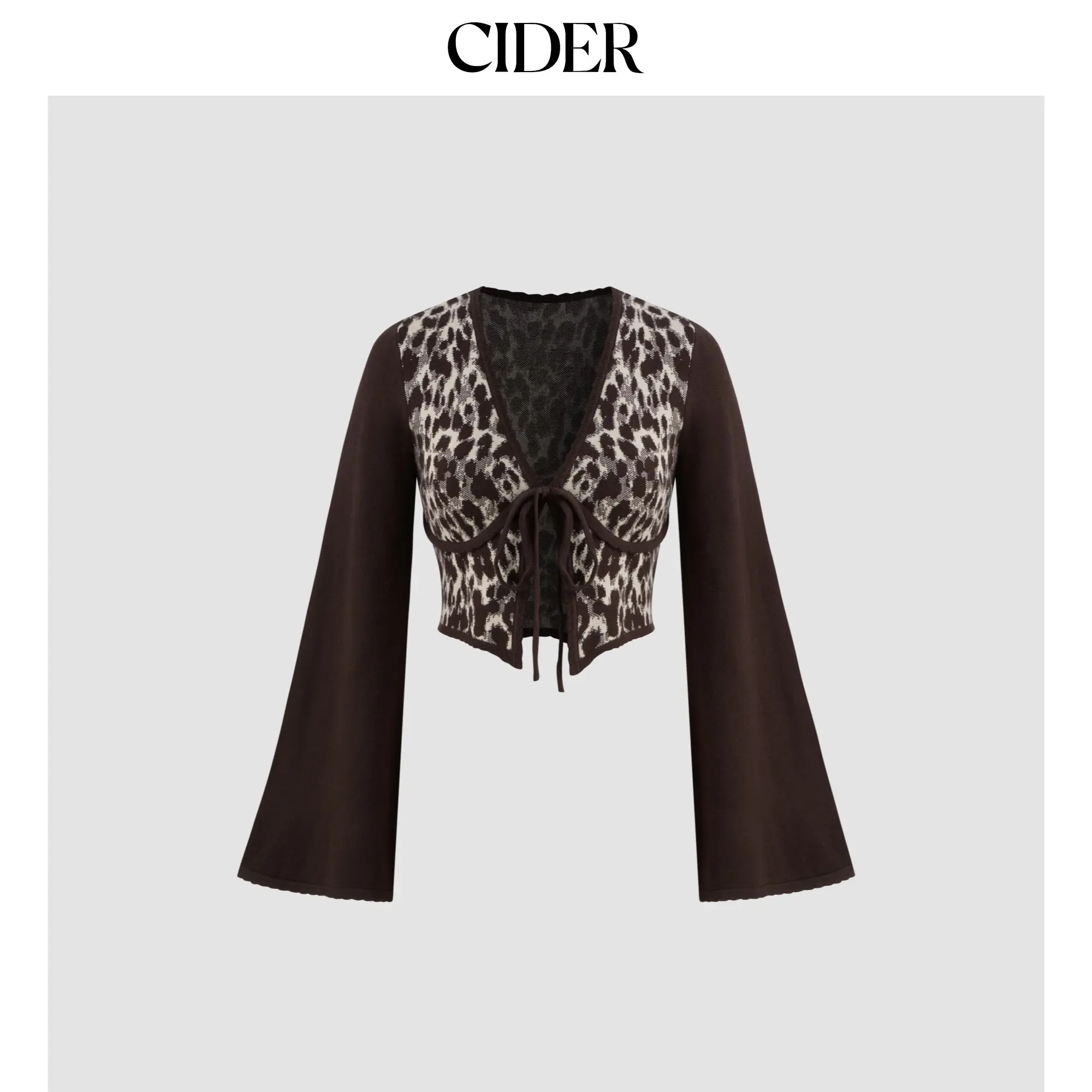 Cider [size 2-10] Knit V-neck Leopard Bowknot Crop Long Sleeve Top