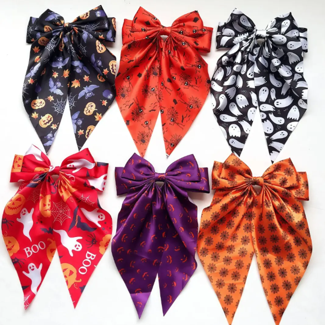 Halloween Hair Bow Clip for Women & Girls, Viral Coquette Long Tail Satin Ribbon Barrette with Ghost Pumpkin Spider Print, Cute Spooky Hair Accessory, Large Spring Clip for Halloween Party, Trick or Treat, Cosplay, Festival OOTD