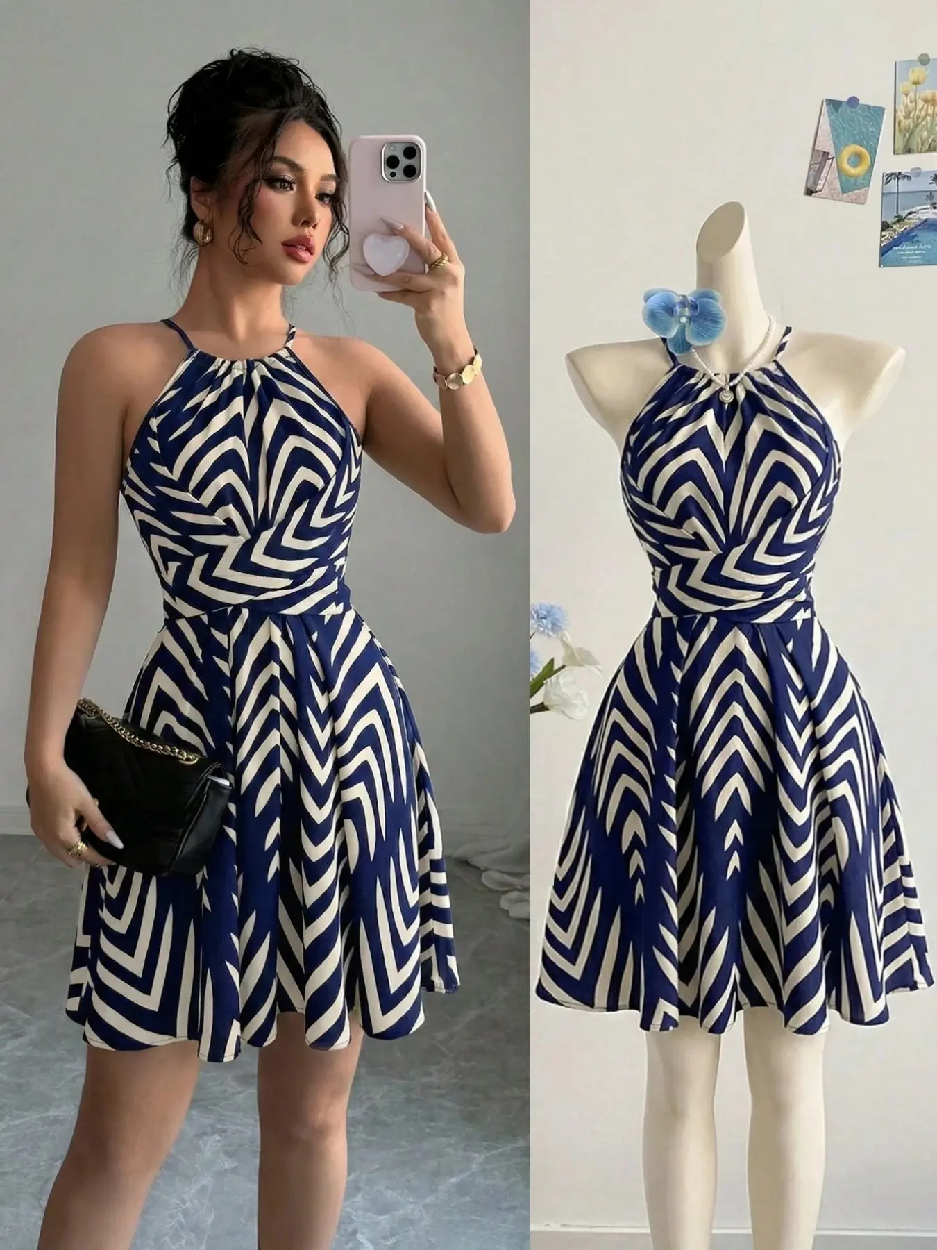 Arrow Print Tie Waist Flared Short Dress, Elegant Design, Perfect for Valentine's Day, Easter, Labor Day, Birthday, Dates, Parties, Travel, Spring Summer