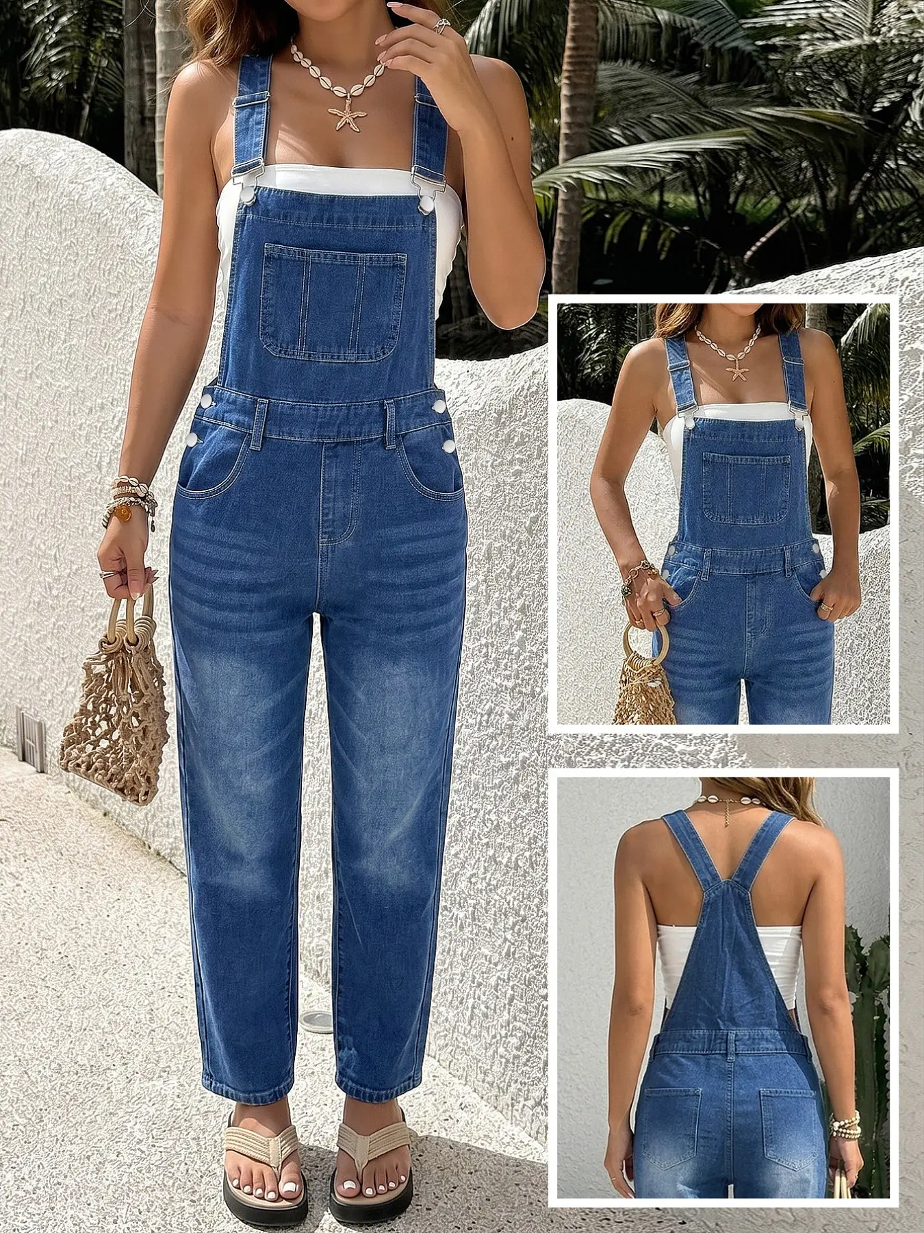 New Spring Summer Washed Light Blue Ripped Baggy Loose Fit Casual Denim Overalls, Comfortable Harem Style, Casual Adjustable Straps, All Seasons