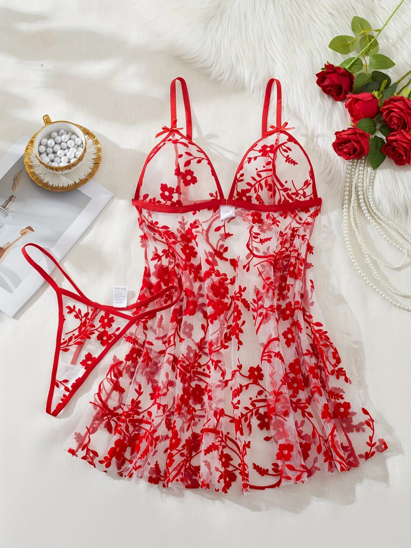 Women's Plus Size Sexy Sleepwear Set, Sheer Mesh Floral Dress, Adjustable Straps, 2-Piece, All Season, Casual, Date, Home, Party