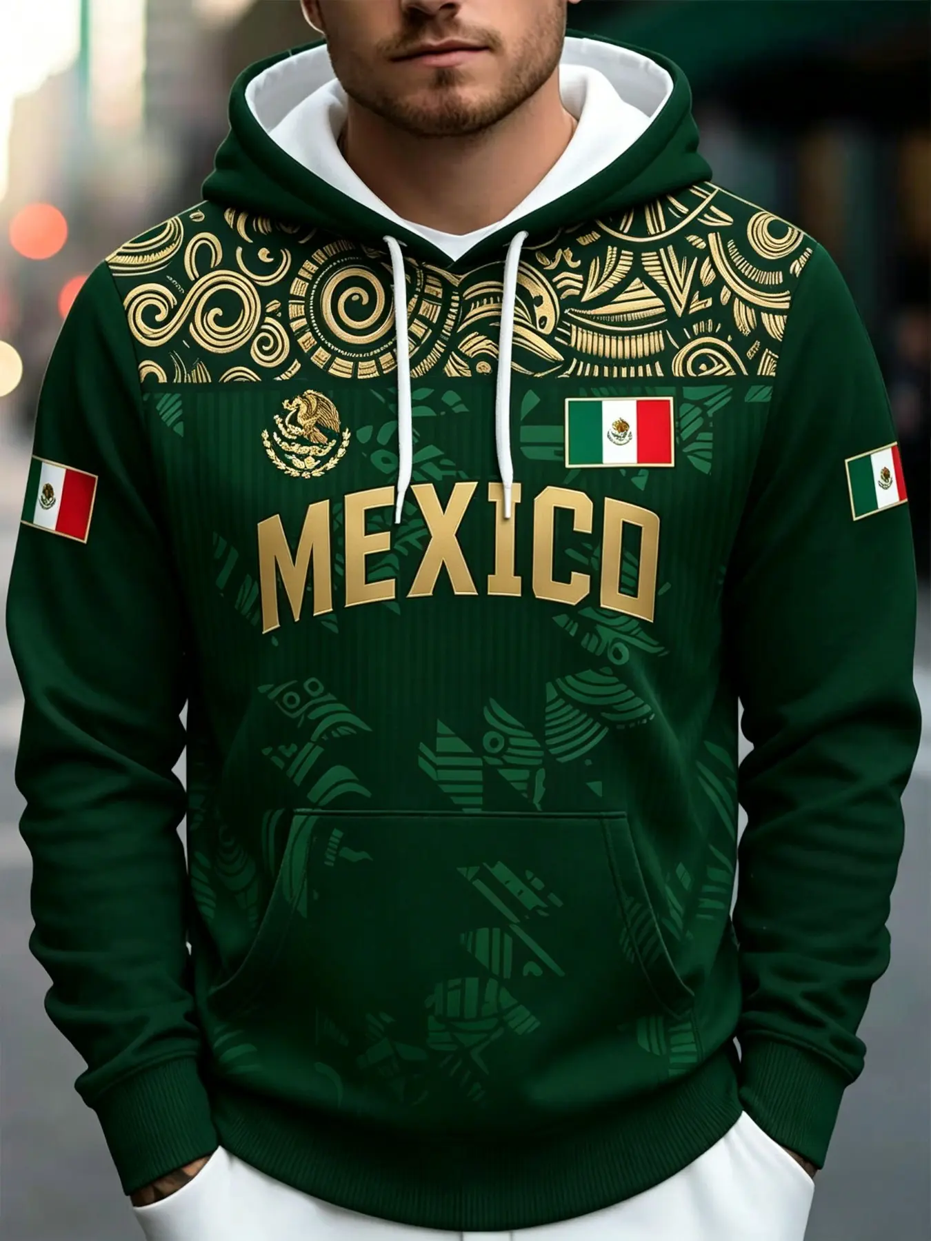 Men's Mexican Eagle Flag Graphic Print Hoodie, Long Sleeves, Aztec Print, Loose-Fit, Relaxed Fit, All Seasons, Casual Streetwear, Ethnic Style, Fall Winter Fashion