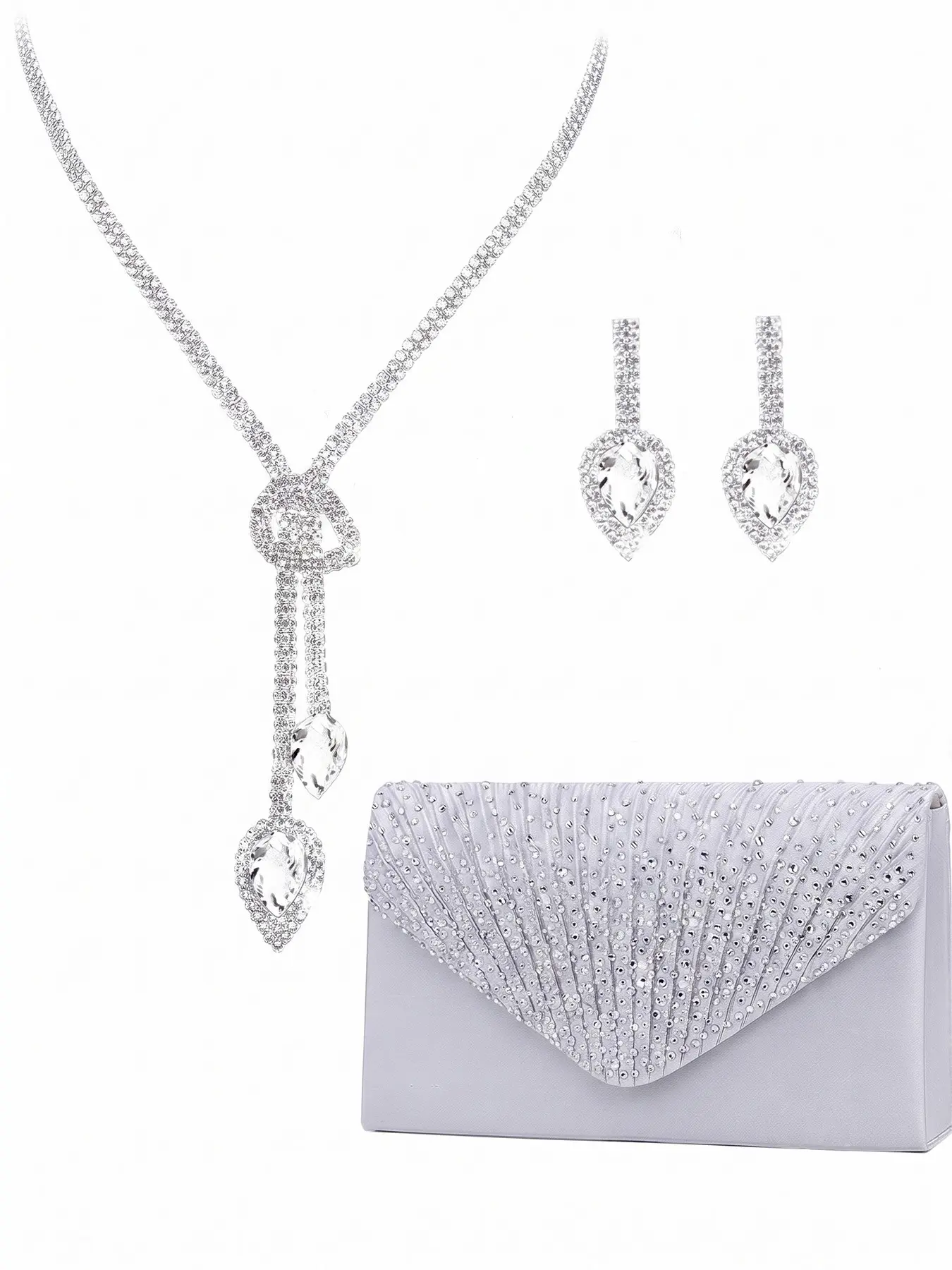 3Pcs Silver Evening Envelope Clutch Bag & Heart-Drop Crystal Jewelry Set, Sparkling Pleated Rhinestone Clutch Purse, Y-Lariat Teardrop Necklace & Earrings Pack, Prom Wedding Bridal Party Accessories