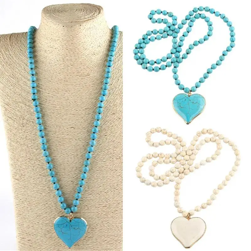Women's Handcrafted Boho Vintage Imitation Turquoise Blue Heart Long Pendant Statement Necklace - Beaded Gemstone, Allergy-Safe, Comfortable Wear, Boho Style Jewelry, All Seasons, Ethnic Artisanal Accessory Gift (Sports & Outdoor Complement)