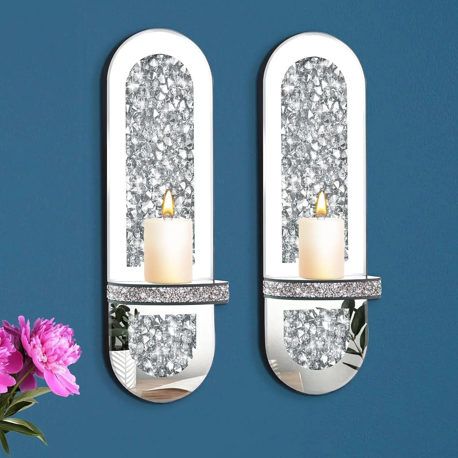 Crystal Rhinestone Mirror Candle Holder Set, Elegant Silver Color Wall Candle Holders for Living Room Bedroom Hallway Decor, Large Hanging Mirror Candle Holder with Shiny Crystal Frame, Ornament Candle Holders