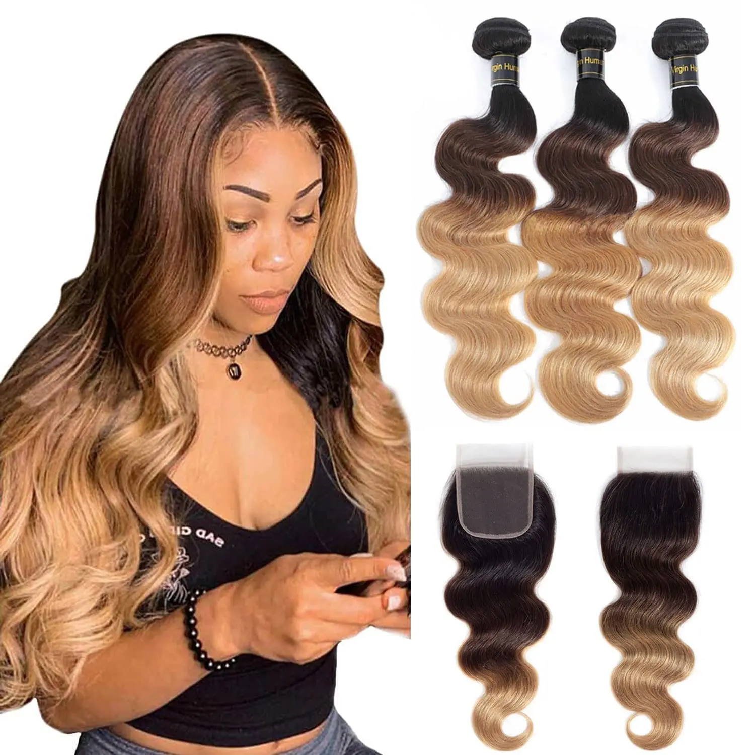 Ombre Body Wave Hair Bundles with 4x4 Lace Closure, 3 Bundles of Grade 12A Brazilian Virgin Remy Human Hair for Women, Modern T1B/4/27 Color, 1B#/4#/27#, Female, Ombre Hair