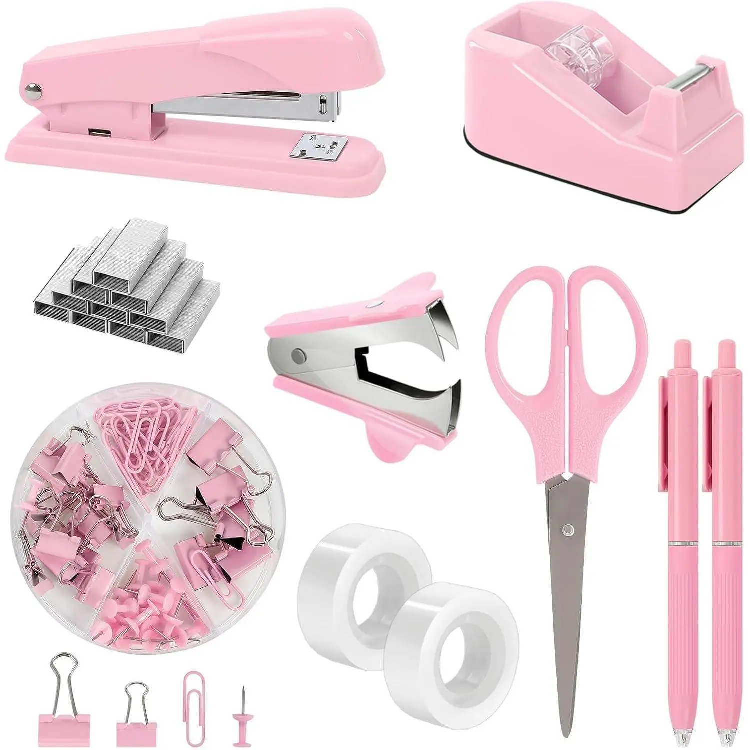 Pink Stapler and Tape Dispenser Set, Pink Office Desk Accessories