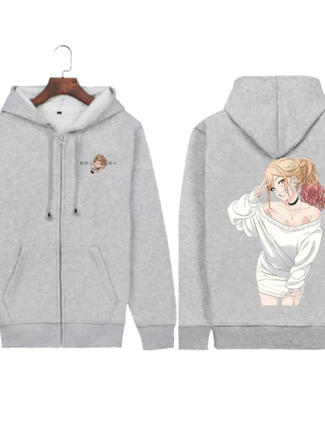 American Style Lazy Shoulder Print Zipper Jacket, Unisex Oversize Thick Anime Casual Long Sleeve Cardigan, All Seasons Loose Fit