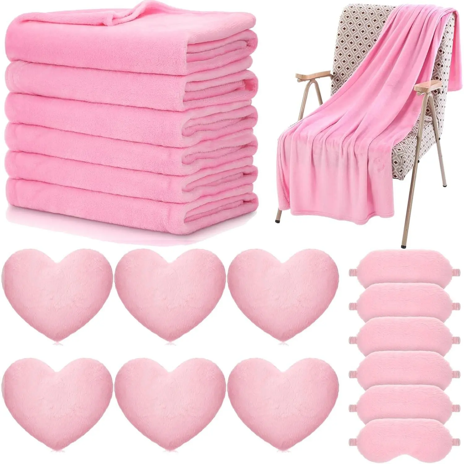 18 Pcs Kids Sleepover Party Supplies Set for Girls Fleece Soft Blankets Fluffy Heart Throw Pillow Plush Sleep Eye Mask for Spa Camping Birthday Favors(Light Pink)