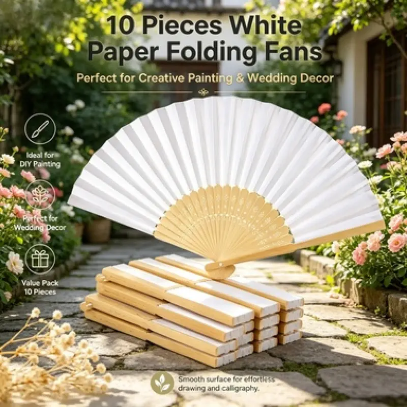 10 Pack Portable Blank White Bamboo Paper Folding Fans for Custom DIY Design, Foldable Easy Storage Structure, Ideal for Themed Wedding Decor, School Handcraft Competition and Party Gift Favors
