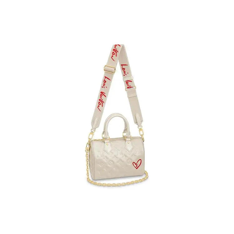 Women's Louis Vuitton Fall in Love Speedy Handbag - Ivory Monogram-Embossed Lambskin, Removable Adjustable Chain Strap, Chain-Draped Detachable Contemporary Crossbody Bag, Chain-Draped Women's Handbags, Detachable Women's Handbags