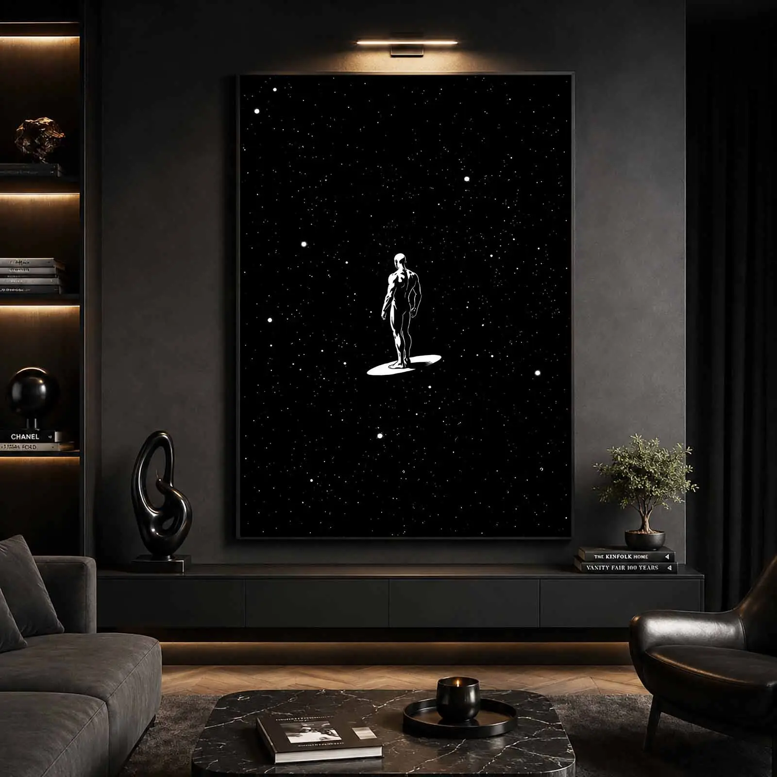 Framed Minimalist Space Wall Art Canvas Poster - Cinematic Black Star Man Floating Design, Modern Luxury Aesthetic Home Decor for Living Room, Bedroom, Ready to Hang (8"x12", 08x12inch(20x30cm), 12"x18", 16"x24", 20"x30"), Secure, High-Definition, Protect