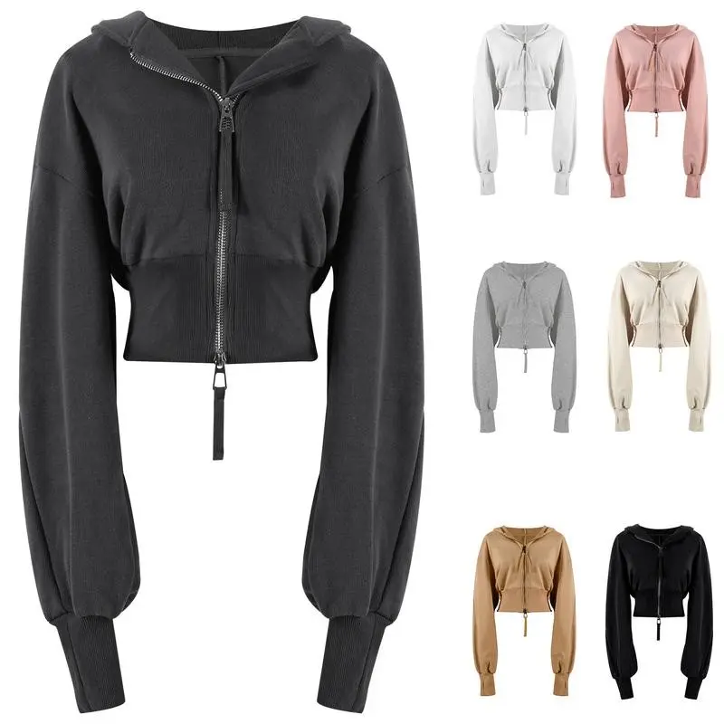 CroppedHoodieDoubleZipperWorkoutJacketWithThumbHoles|Women'sStylishAthleticCropTopFabricWomenswearZiphoodies