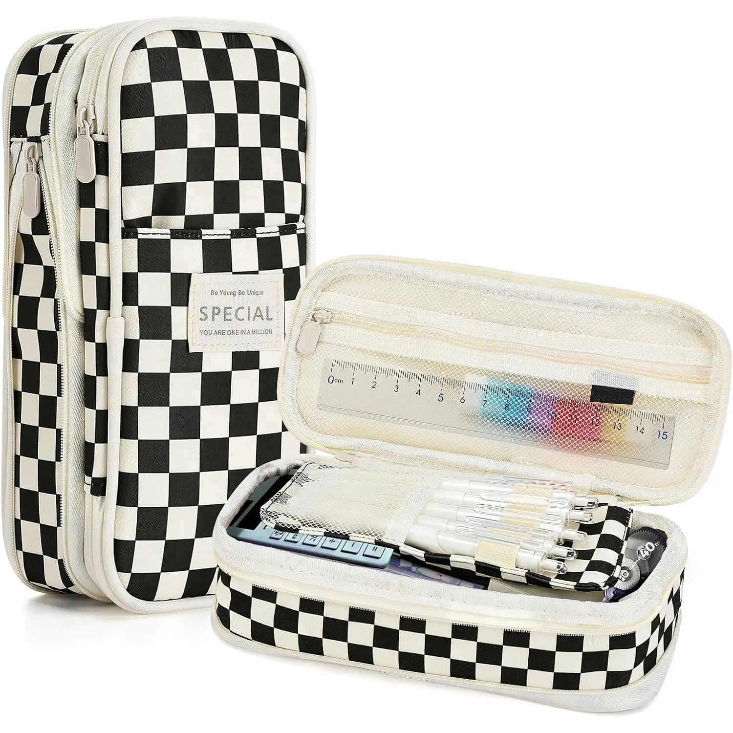 Gingham Expandable Pencil Case for Teens Girls - Black | Zipper Gusset for Adjustable Capacity, Checkered Cute Pencil Pouch, Stationery Bag Box for Student  to School Gifts