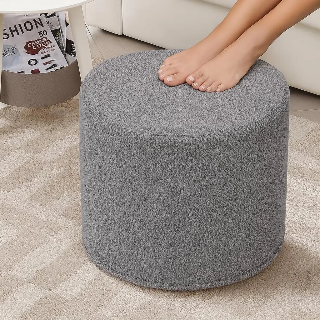 Neutral Grey Round Pouf Stool - Modern Boucle Fabric Foot Rest with Soft Foam Filling, 17.7" Size Round Form, Textured Look Lightweight Indoor Furniture for Living Room, Bedroom, Requires Setup