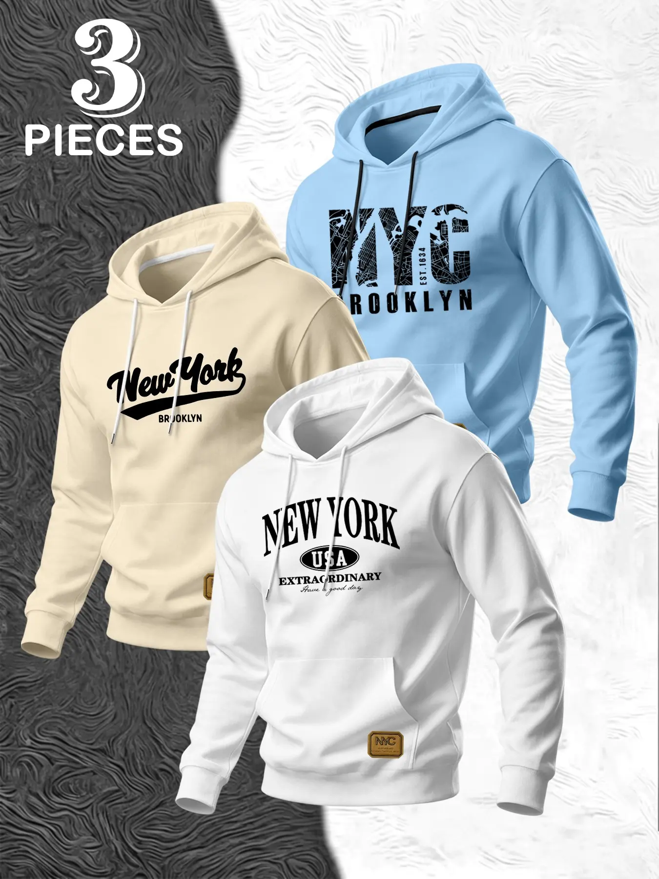 New York City Print Hoodie Set, 3-Piece Casual Sweatshirt, Loose Long Sleeve with Pocket, Fall Winter Warm