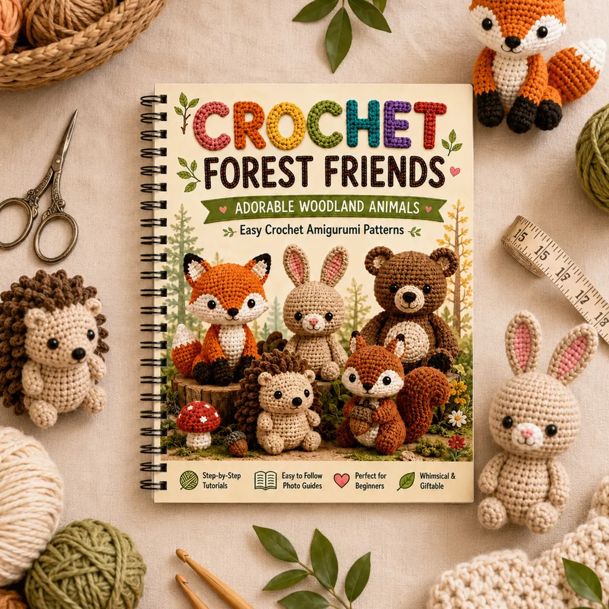 Forest Animal Crochet Pattern Book, Cute Forest Animal Amigurumi Guide, Beginner Friendly, Fox Rabbit Bear Hedgehog Squirrel Doll Making, DIY Craft Tool Book