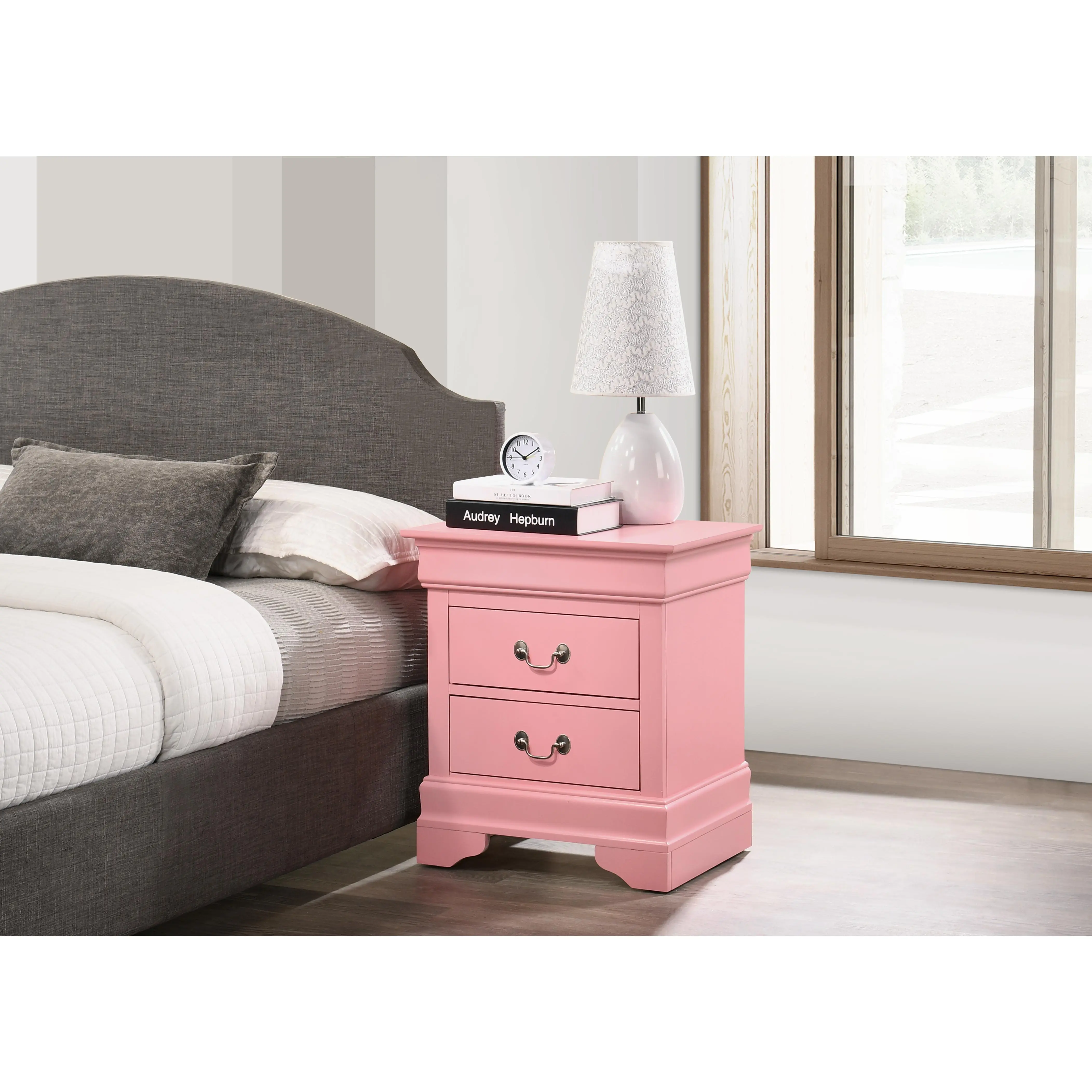 ARCH Charming Pink Traditional Nightstand Bedside Table for Bedroom, Classic Wood Night Stand with Drawer, Small End Table for Living Room, Nightstand for Small Spaces, Pink Nightstand Furniture, Bedroom Bedside Table for Bedroom, Guest Room, Dorm