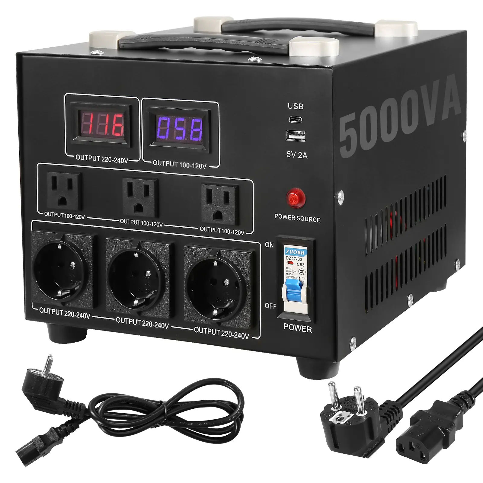 Voltage Converter Transformer, 5000W, Heavy Duty Step Up/Down Transformer, Convert from 110 Volt to 220 Volt and from 220 Volt to 110 Volt, with US Outlet EU Outlet 5V USB Port, CE Certified