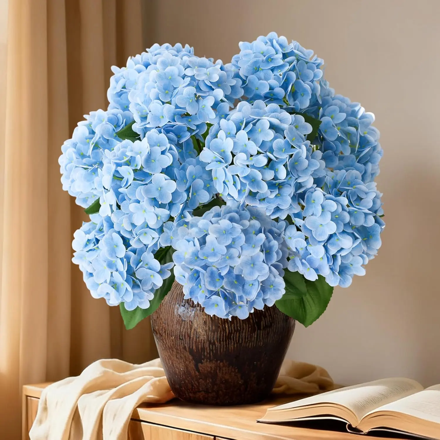 1 Bunch 21in Real Hydrangea Artificial Flowers with 5pcs Flower Head 10pcs Leaves Faux Hydrangea Flowers for Home Office Decor Wedding Arrangements (Blue, 1 Bunch)