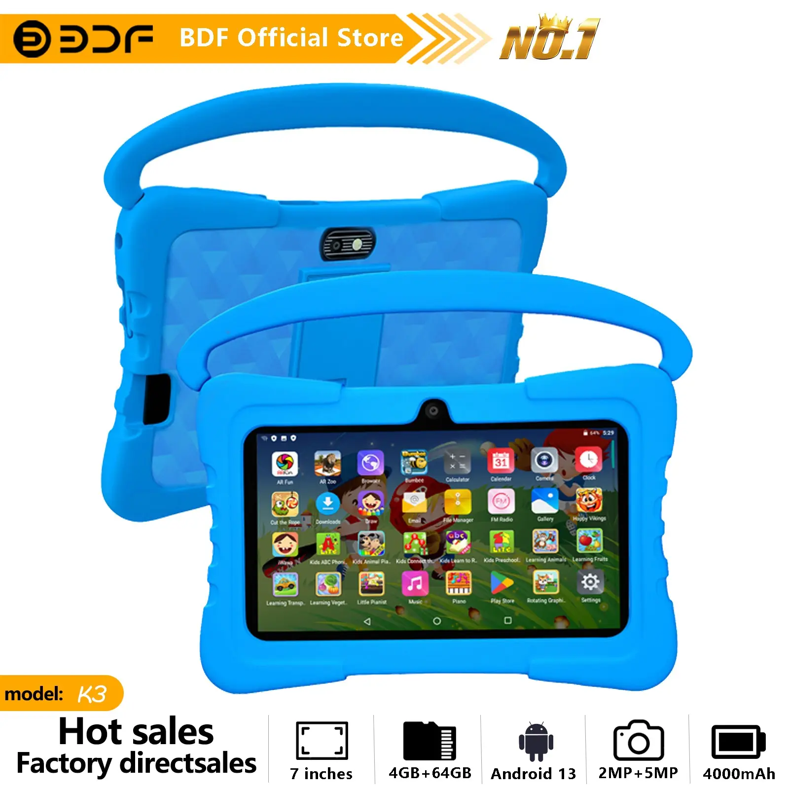 Educational Tablet, Portable Touchscreen Tablet, 7-Inch Android 13, 4GB RAM 64GB Storage, Quad-Core Processor, HD Screen, Dual Cameras, 4000mah Battery, WiFi Gaming, Android Learning Tablet