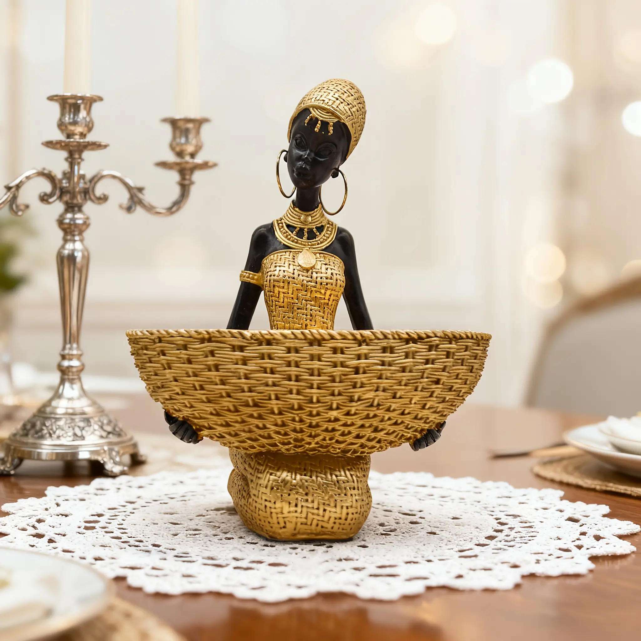 African Style Woman Statue With Tray Ornament, Polyresin Craft For Home Decor