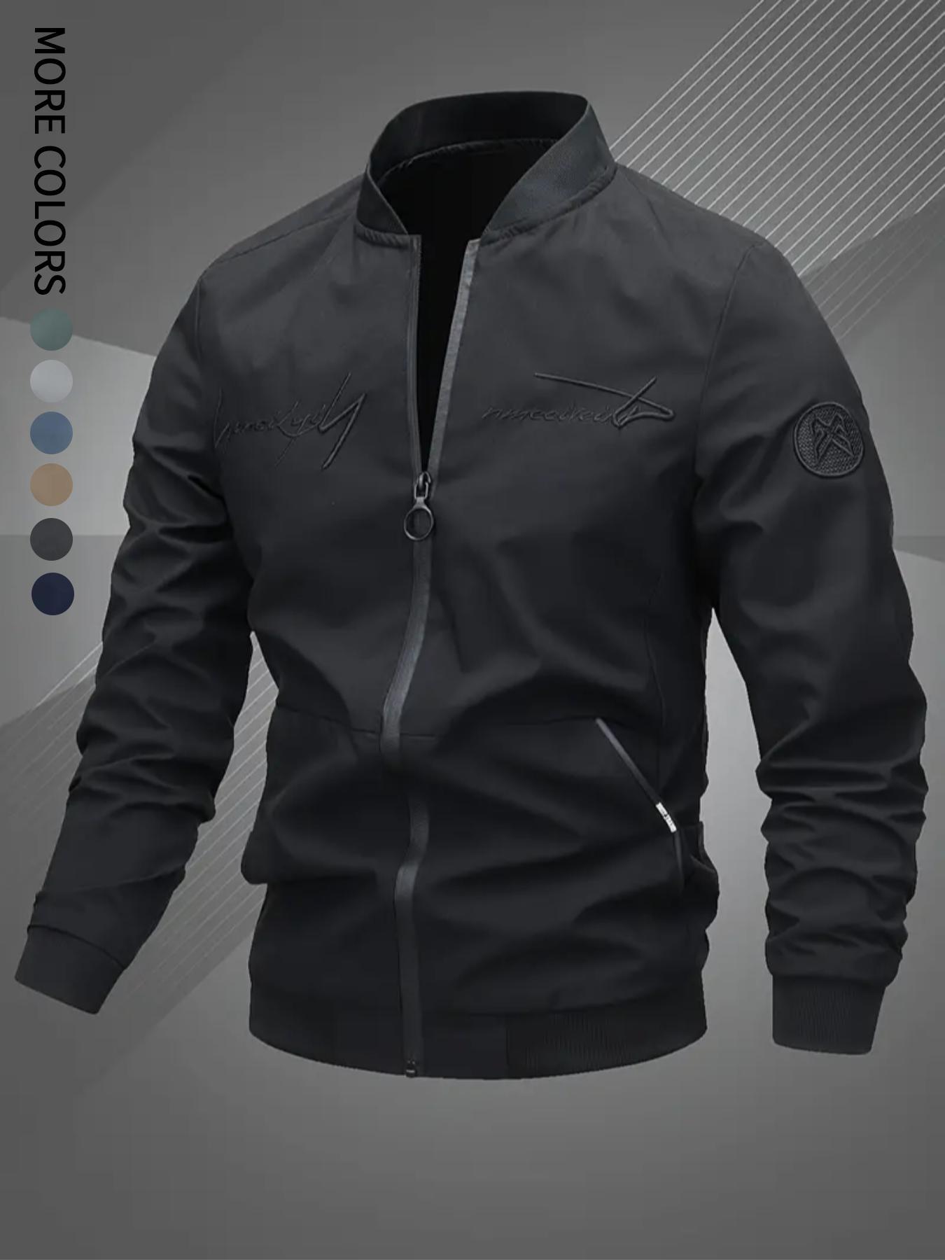 Men's Regular Fit Letter Embroidery Zip Up Bomber Jacket, Casual Long Sleeve Windproof Baseball Collar Outerwear for Fall & Winter, Men's Clothes for Daily Wear, Jackets for Men, Coat