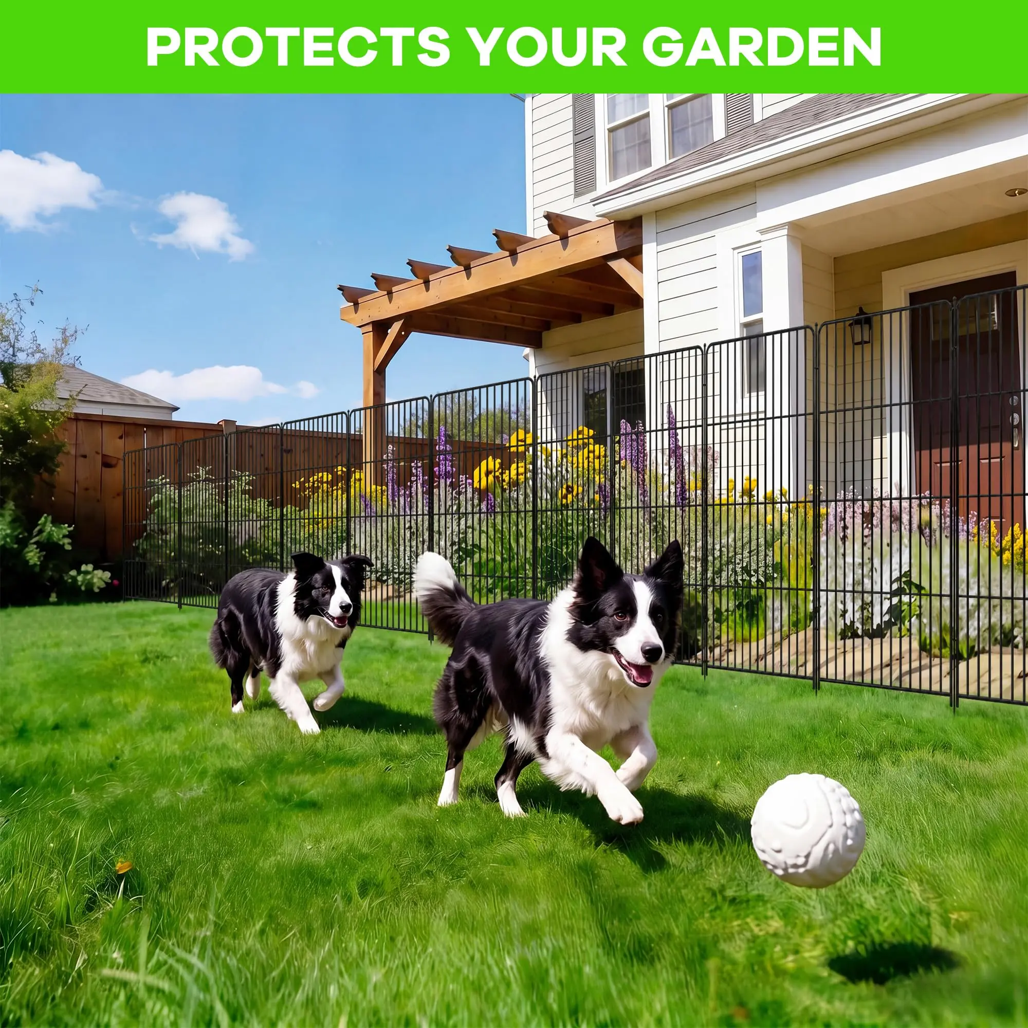 No-Dig Metal Garden Fence Panels with Door – Decorative Animal Barrier for Yard, Patio & Dog Playpen – Black, 8/10 Pieces