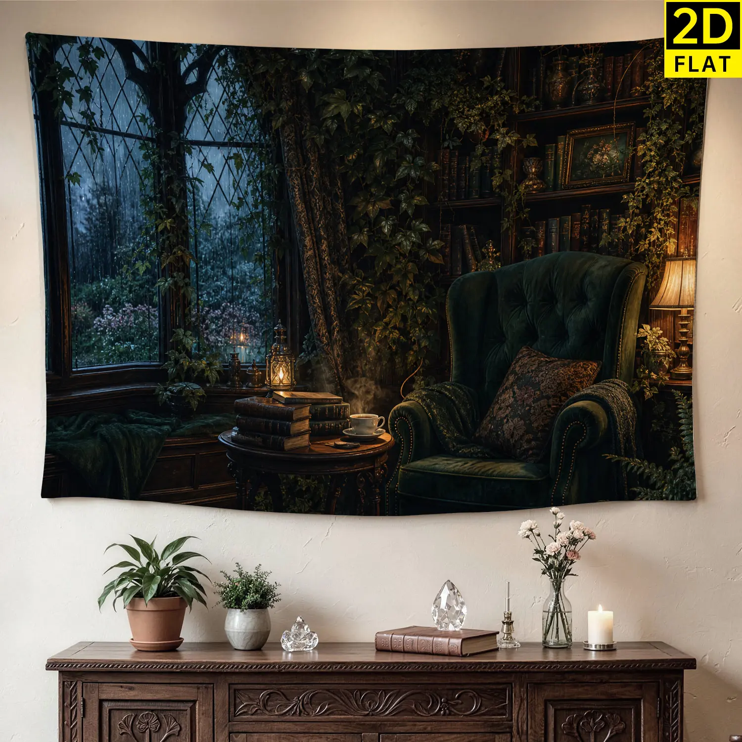 Dark Academia Library Rainy Window Wall tapestry, Large size Printed Horizontal Tapestry blanket, Polyester Fabric Wall Hanging for living room, study room, No Installation Required, Indoor, Outdoor, Gift for Family and Friends