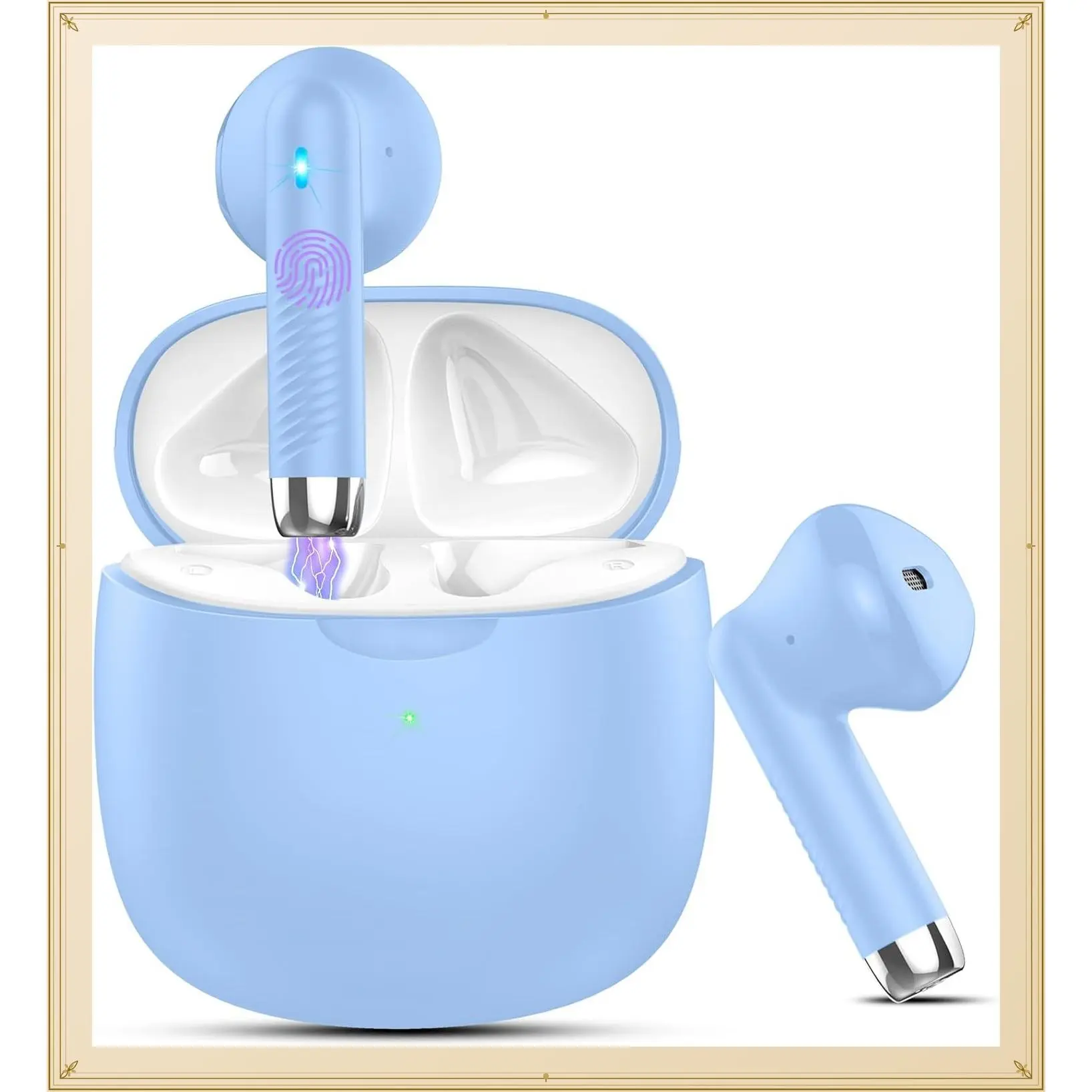 Wireless Earbuds Bluetooth 5.4 Headphones with Noise Cancelling Mic, Stereo Bass, IP7 Waterproof Sports Earphones, 32H Playtime, USB-C Charging, Light Blue for Android iOSGift