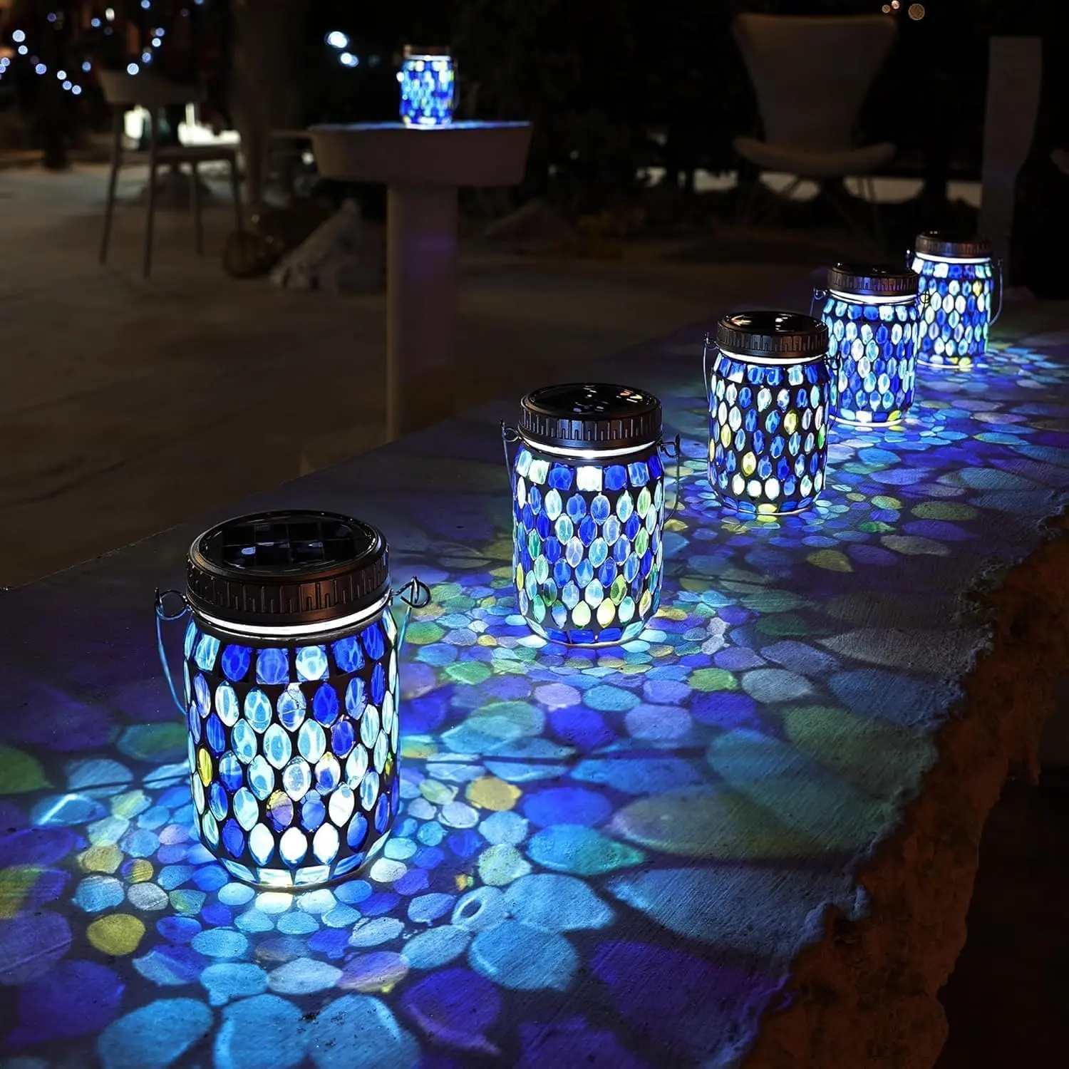 2 Pack Mosaic Lanterns Outdoor  with 215% Larger Solar Panel, Never Rust , True Capacity - Solar Mason Mosaics Jar Lantern for Patio Garden Yard Balcony Christmas Decorations