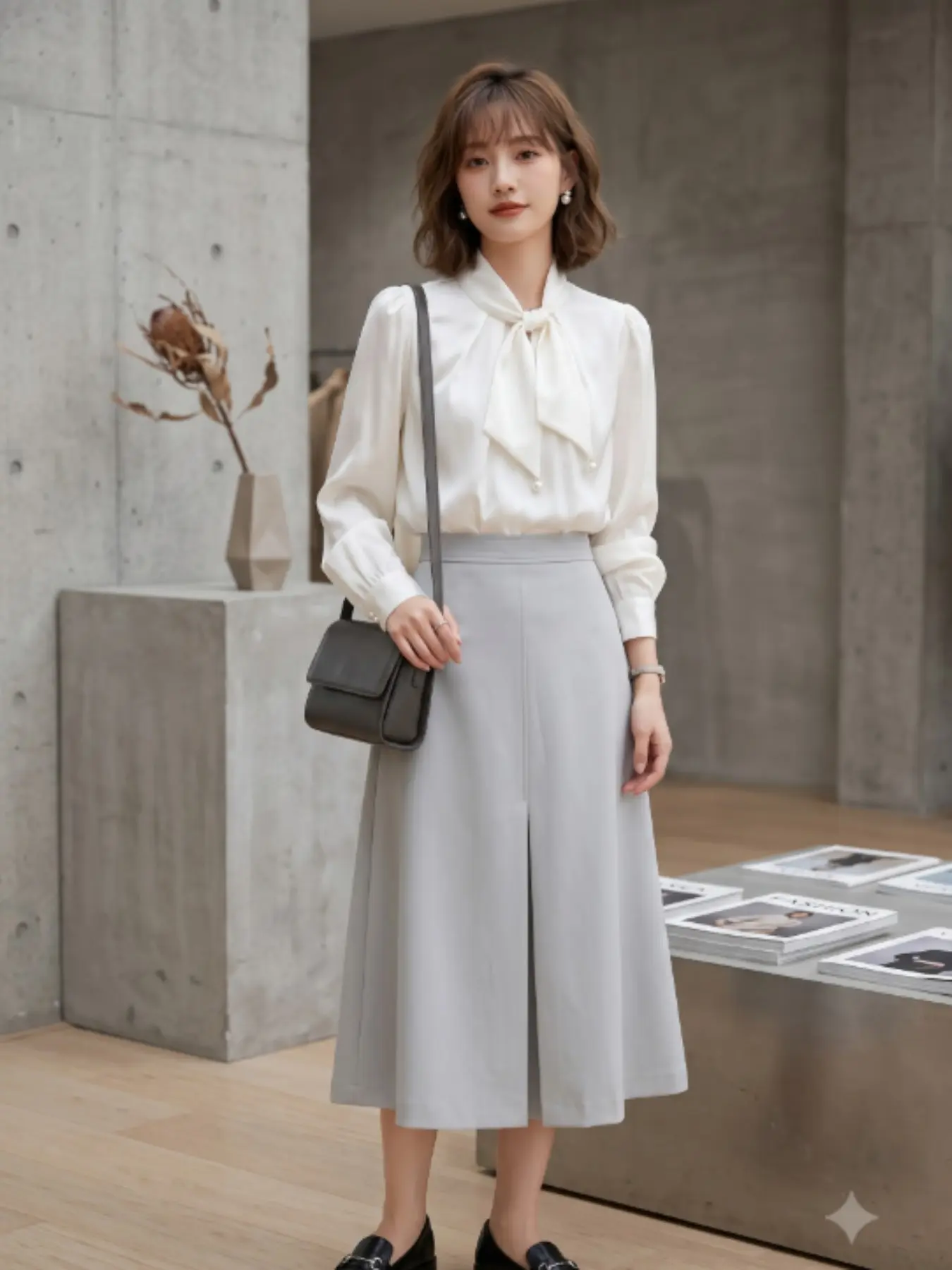 French Gentle Satin Bow Tie Shirt for Women, Long Sleeve Casual Loose-Fitting Blouse with Solid Pattern for Office and Daily Wear