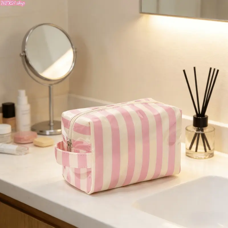 New Striped Large Capacity Travel Makeup Bag, Portable Skincare Cosmetic Organizer Pouch, Spacious Lipstick Storage Case, Lightweight Wash Bag for Vacation, Gym and Daily Beauty Supplies
