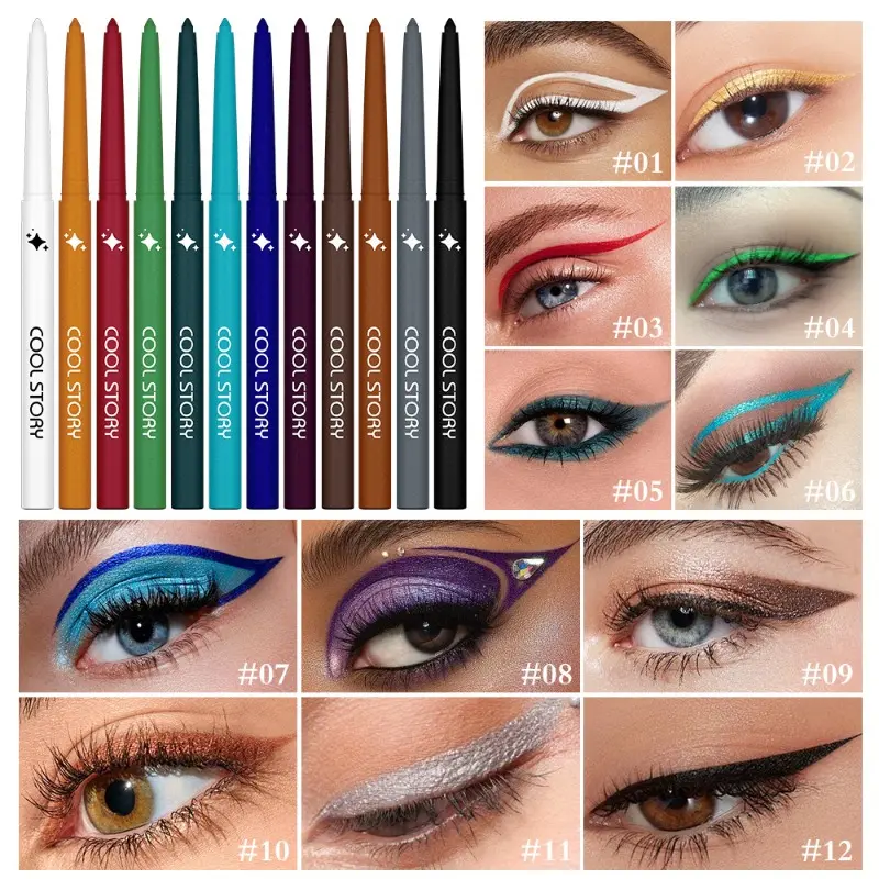 12 Shades Pearlescent Metallic Eyeliner Gel Pen Set, Waterproof Long-lasting Multi-functional Makeup Pen for Under-eye Highlight & Eyeshadow Stick