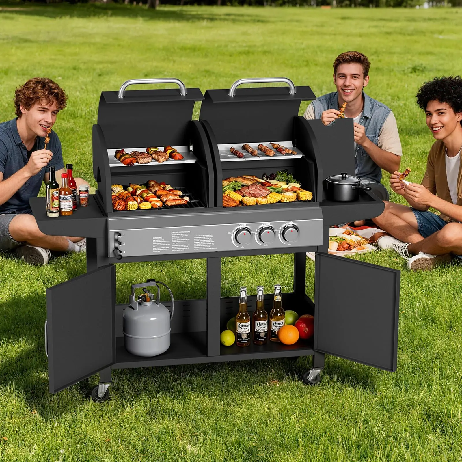 Gas & Charcoal Combo Grill 3 Burner🔥Outdoor Dual Fuel Grill with Side Burner & Storage Cabinet - Outdoor Propane Grill Station for Patio Backyard Cooking Party
