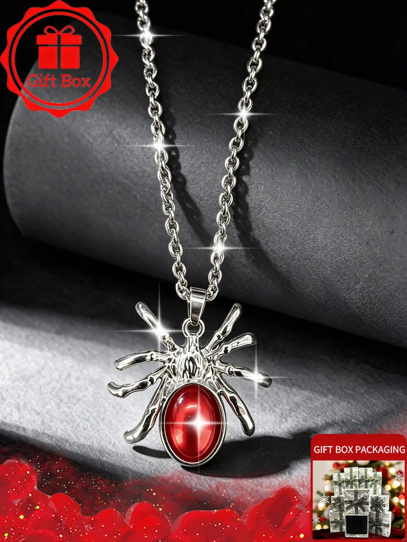 Gothic Red Ruby Spider Pendant Necklace for Men Women, Premium 304 Stainless Steel Chain, Vintage Black Widow Insect Choker, Unisex Punk Hip Hop Streetwear Jewelry, Anti-Tarnish Waterproof Cool Boy Girl Accessories, Halloween Gift.