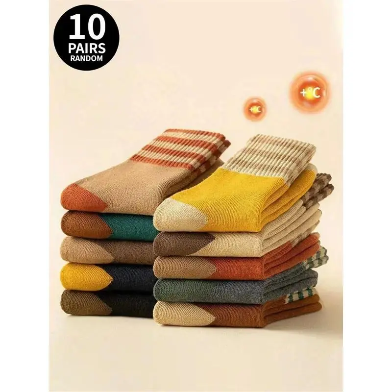 10-Pair Thick Warm Color-Blocked Retro Patchwork Sports Socks, Thermal Casual Socks for Fall & Winter, Versatile for Home & Sports Use